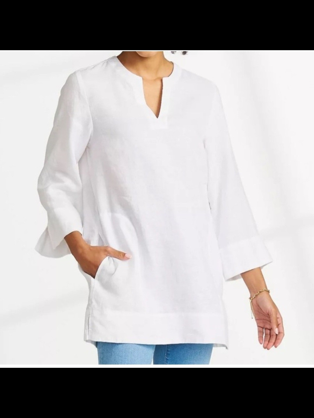 Lands End Linen White Split-Neck Tunic Top